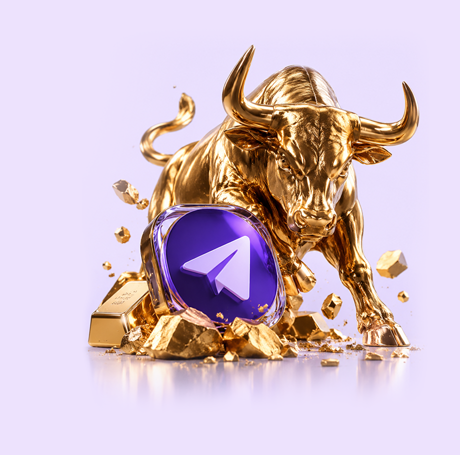Gold bull standing over a Telegram badge