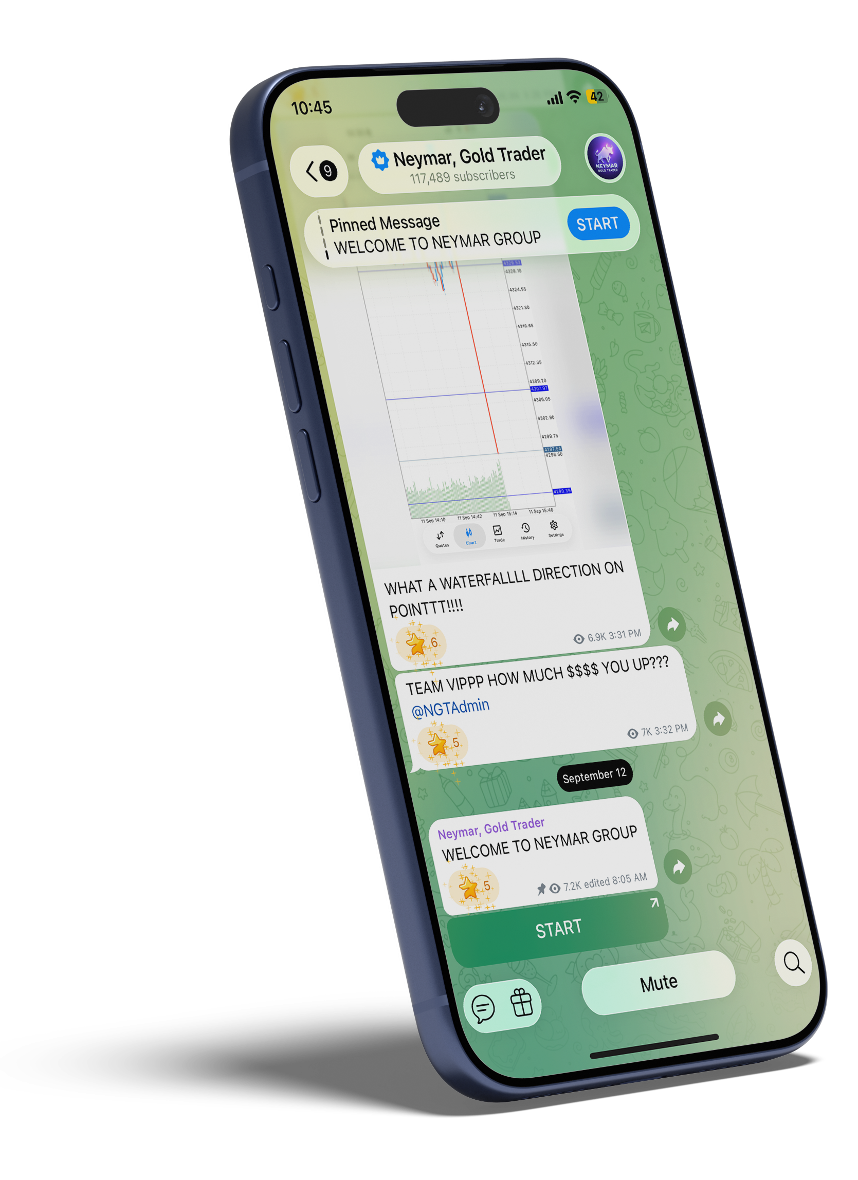 Neymar, Gold Trader Telegram channel on a phone